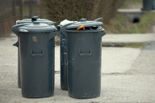 Two large dark grey plastic wheelie bins with closed lids, placed side by side on a paved driveway in an outdoor setting. The bin on the left has a slightly smoother surface, while the bin on the right shows signs of weathering with some scratches and a small orange object visible on top. The background features blurred greenery and a concrete road or footpath leading off into the distance, indicating a residential area possibly in or near Blackheath. The scene is naturally lit, and the bins are positioned on a clean, well-maintained surface, consistent with typical rubbish collection points. This image relates to rubbish removal services provided by Blackheath House Clearance, emphasizing waste management for household or property clearance in the local area.